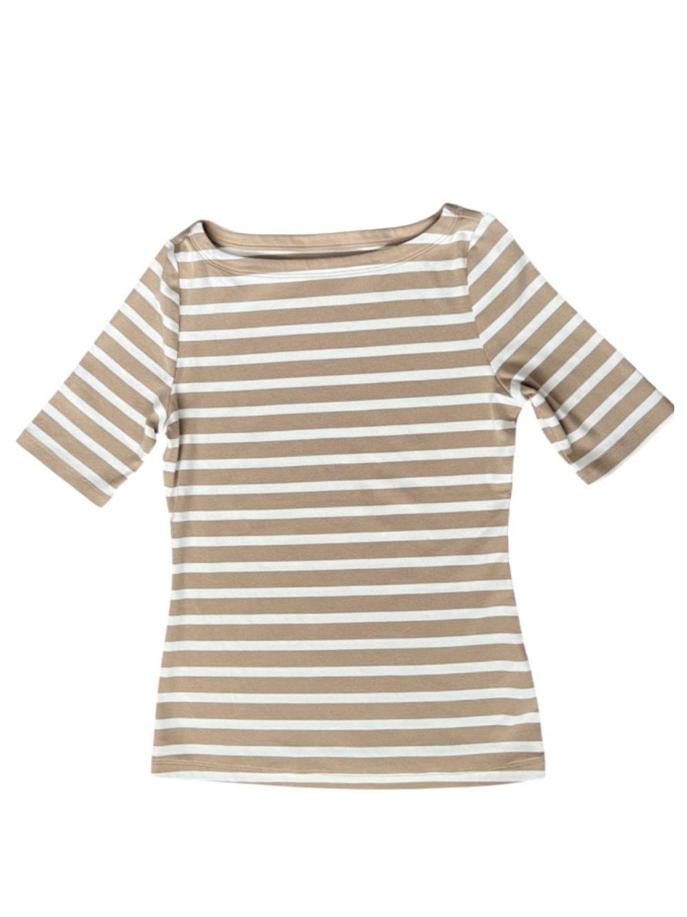 Ellen Tracy Boatneck Tee Extended Sleeves Tan and White Stripes Size Small